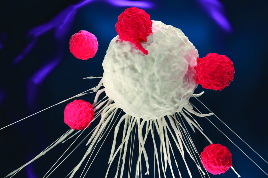 Car-T cancer therapy, 3d illustration of immune T cells attacking tumour cell