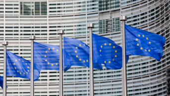 EU flags outside EU parliament in Brussels