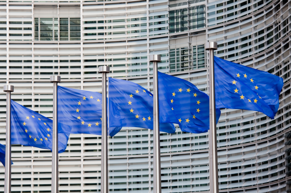 EU flags outside EU parliament in Brussels