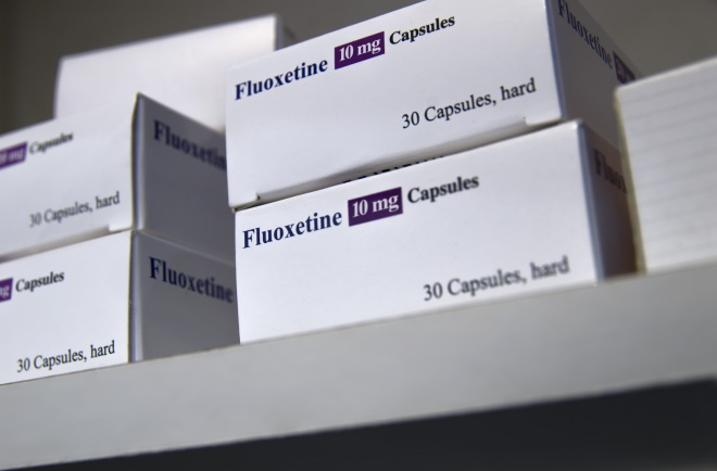 Fluoxetine packets on a shelf