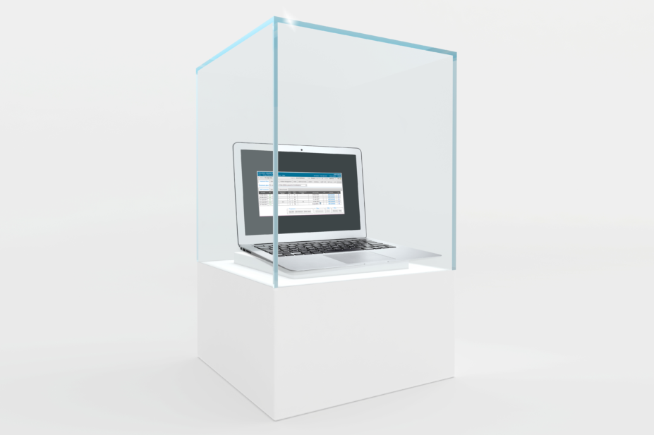 open glass box with laptop showing patient record