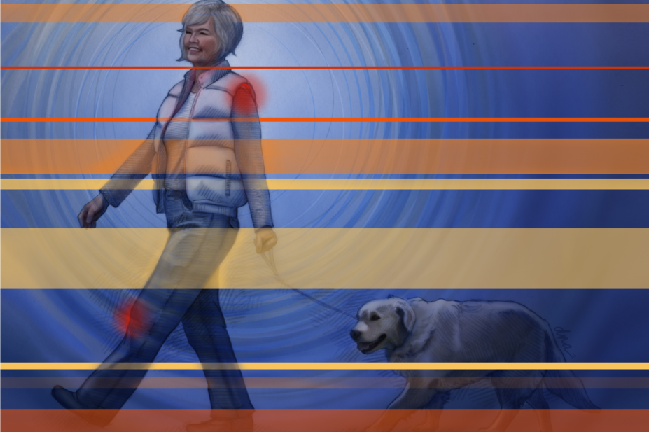 woman with joint pain walking dog