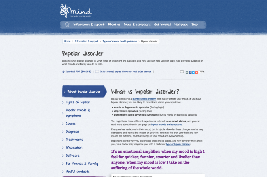 The Mind.org web page on bipolar disorder