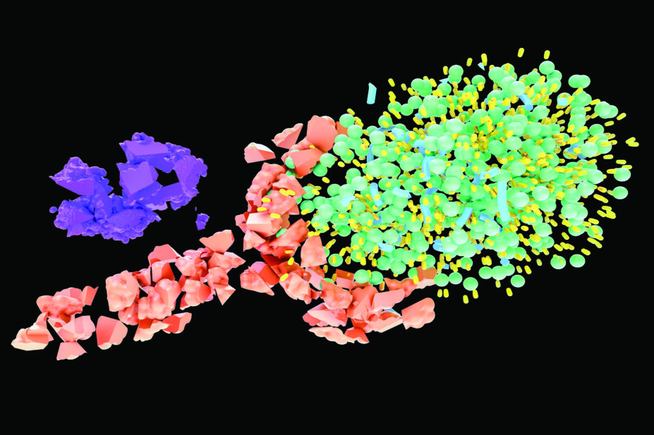 The degradation of a low-density lipoprotein molecule (LDL, upper right), LDL receptor (orange, centre-left) and a molecule of the enzyme proprotein convertase subtilisin/kexin type 9 (PCSK9, blue)