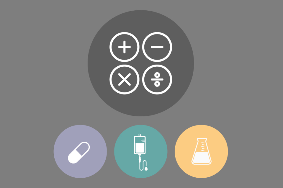 symbols for calculations, pill, iv drip, chemistry flask