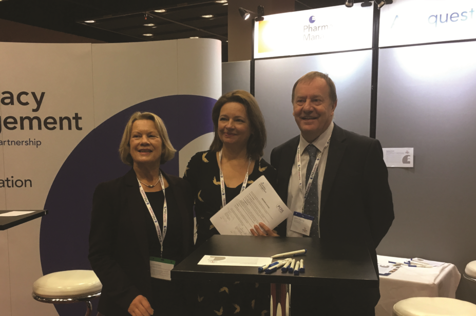 Primary Care Pharmacy Association president Liz Butterfield, left, and director Michelle Kaulbach-Mills, with the chief executive of Pharmacy Management, John Stanley