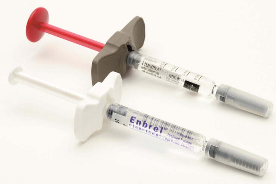 Prefilled syringes of adalimumab and etanercept