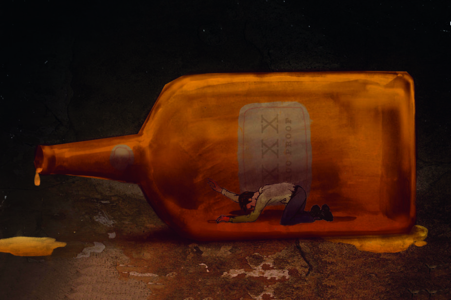 Illustration of a man trapped in a liquor bottle representing alcohol addiction