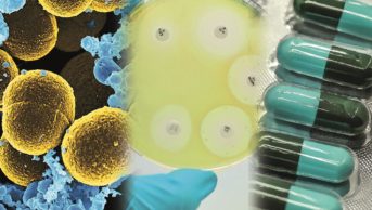 Collage showing MRSA, research and antibiotics