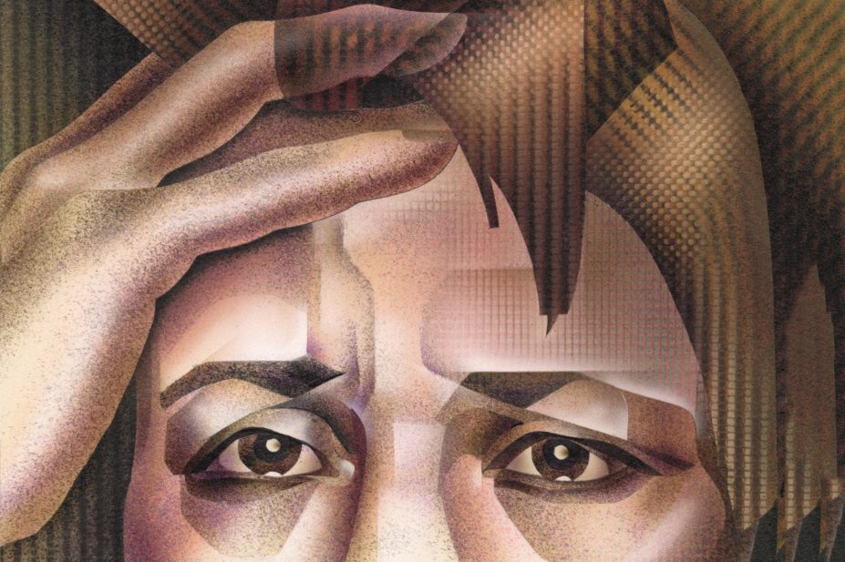 Illustration of an anxious person, close-up of eyes with hand over head