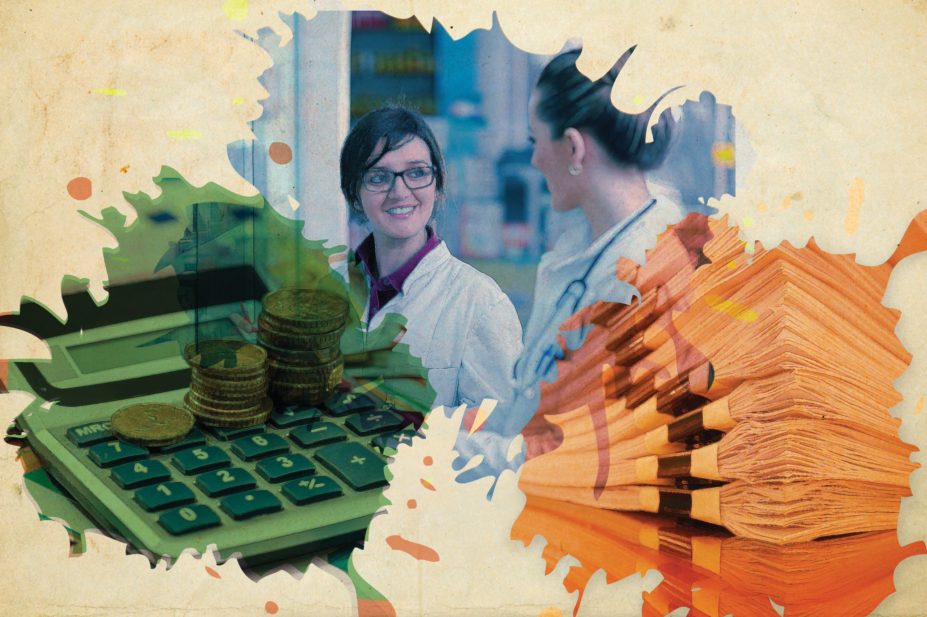 Collage showing pharmacists, money and paperwork