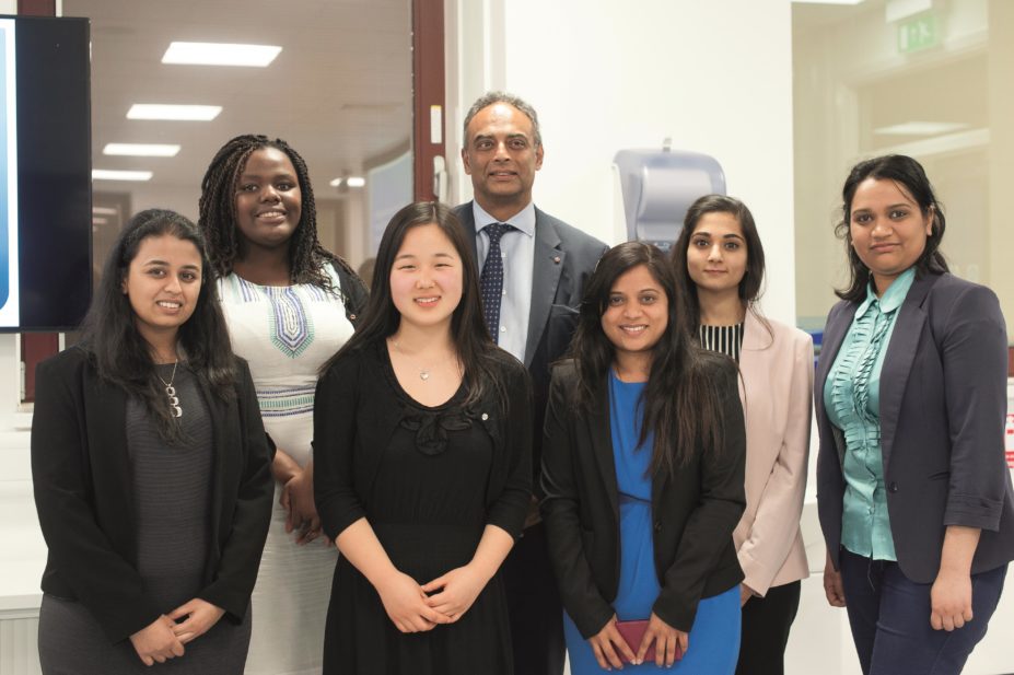Ash Soni, president of the Royal Pharmaceutical Society (RPS) (back) with the six pharmacy students who took part in the research competition organised by the School of Pharmacy, University of Reading