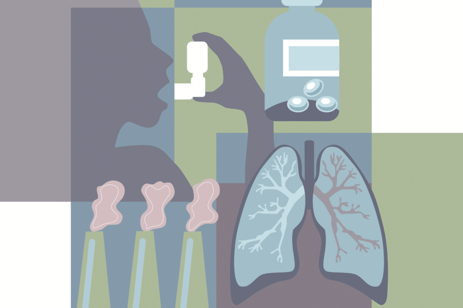 Illustration of asthma, inhaler, lungs and pills