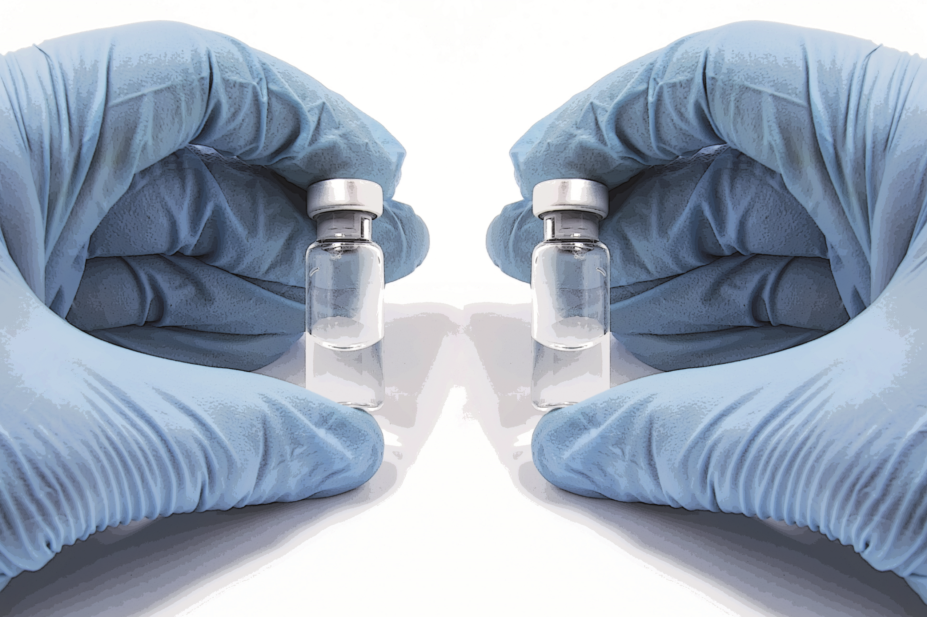 Identical vials held by gloved hands