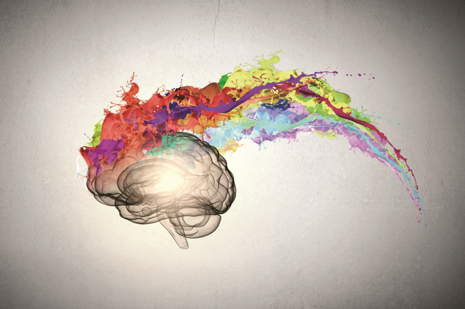 A brain with splashes of different coloured paint, the concept is mindfulness