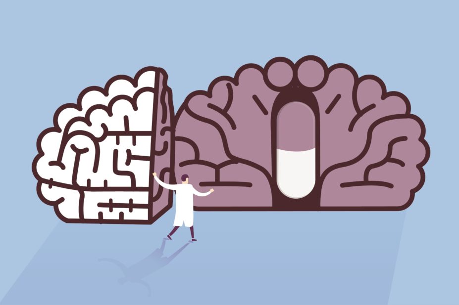 Illustration of a brain with a pill inside