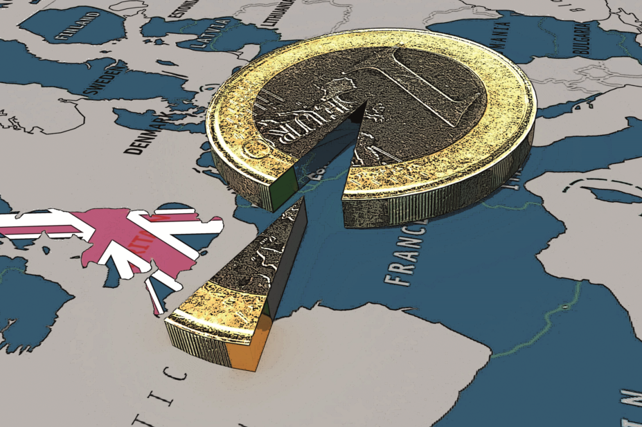 Brexit illustration with divided euro coin on European map