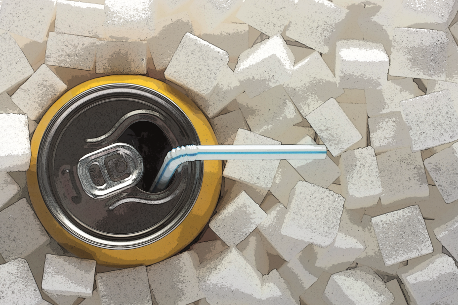 Can of fizzy drink buried in sugar cubes