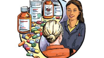 Illustration showing the two sides of clinical pharmacy: medicines optimisation and patient care and well-being