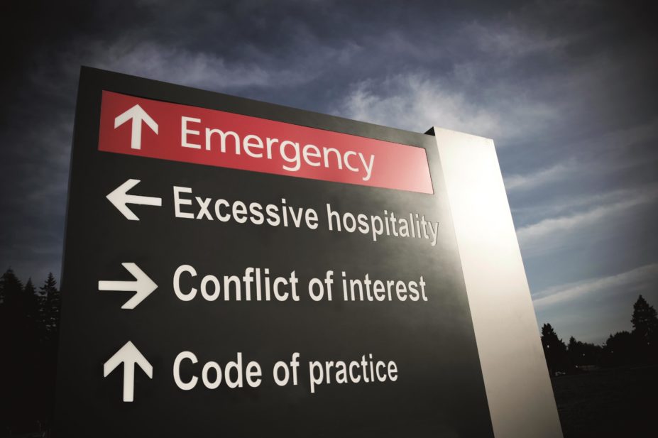 The NHS needs to improve its record keeping and compliance if it is to avoid falling foul of good practice when working with the pharmaceutical industry. In the image, hospital sign stating excessive hospitality, conflict of interest and code of practice