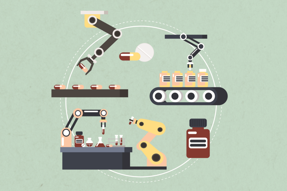 Illustration of pharmaceutical production concept icons