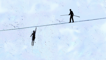 Two people on a tightripe — one who has a stick to help them balance, and one who has fallen off