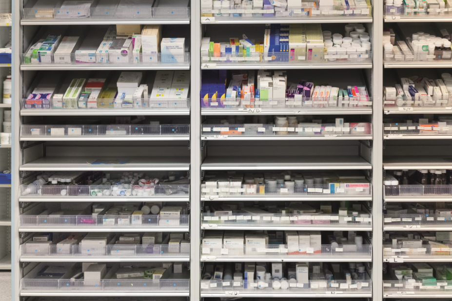Dispensary shelves in a pharmacy
