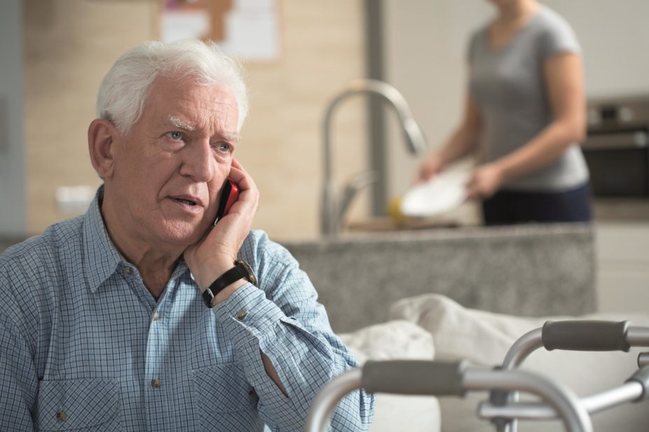 Researchers found that the 32 patients assigned to the intervention had significantly better adherence scores at both three months and six months than the 39 patients assigned to the control group. In the image, an elderly man talking over the phone