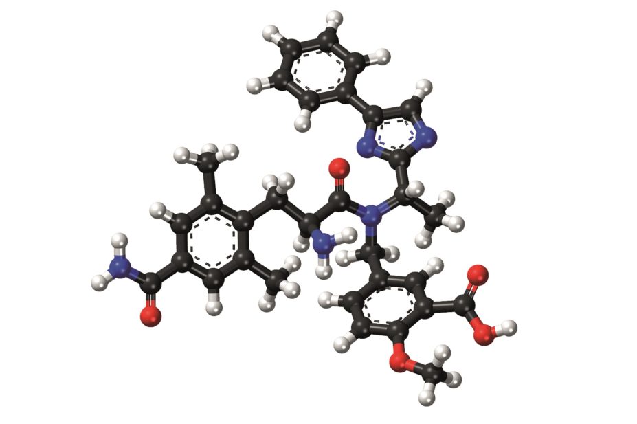 Patients taking 100mg dose of eluxadoline (molecular structure pictured) had improvements in IBS symptoms during first 26 weeks of treatment
