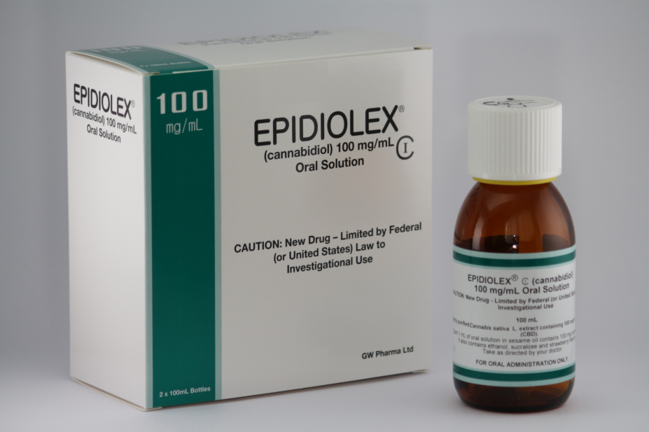 Bottle of epidiolex CBD medicine with packaging