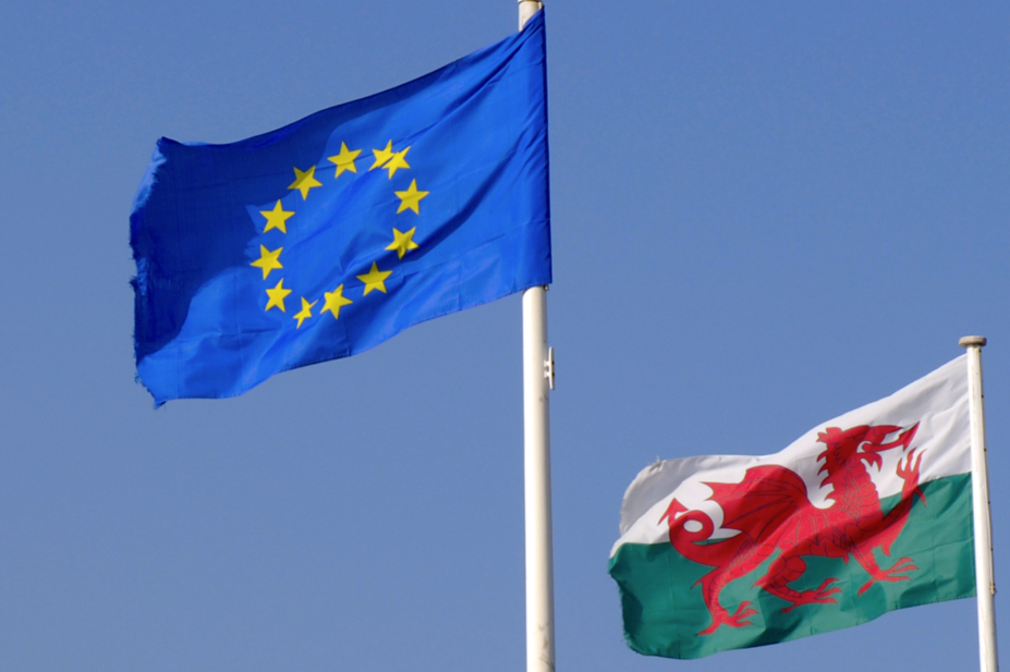 Welsh and EU flags flying