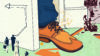 Illustration of a foot stopping a door with other people working