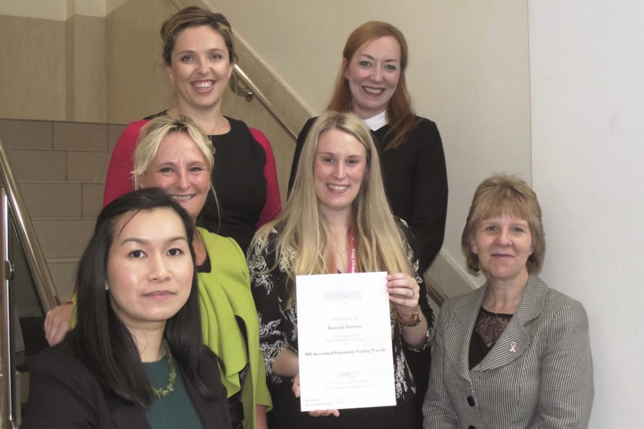 The Royal Pharmaceutical Society (RPS) has accredited Rowlands Pharmacy as an RPS Foundation Training Provider, making it the first pharmacy to be given this status. In the image, members of the RPS and the Rowlands Pharmacy team