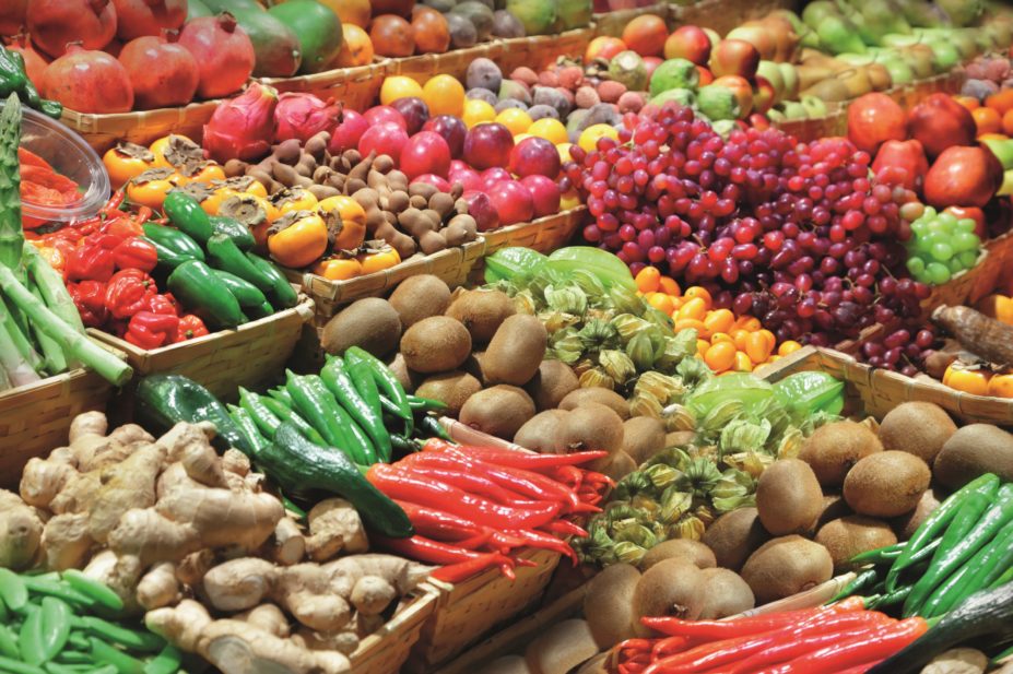 Fruits and vegetables in a farmers' market stall