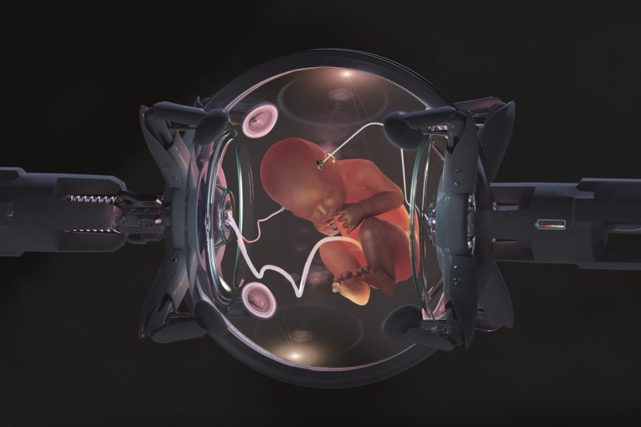 Among scientists and health professionals there are differing opinions on how far we should take genetic engineering. In the image, futuristic illustration of a foetus in a glass uterus