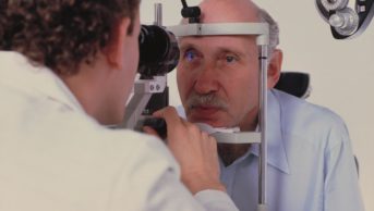 Glaucoma is often associated with intraocular pressure (IOP). IOP is measured using a Goldmann applanation tonometer mounted on the slit lamp biomicroscope (pictured)
