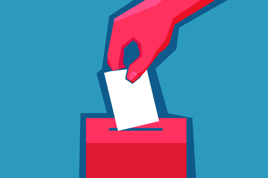 Illustration of a hand putting vote in ballot box