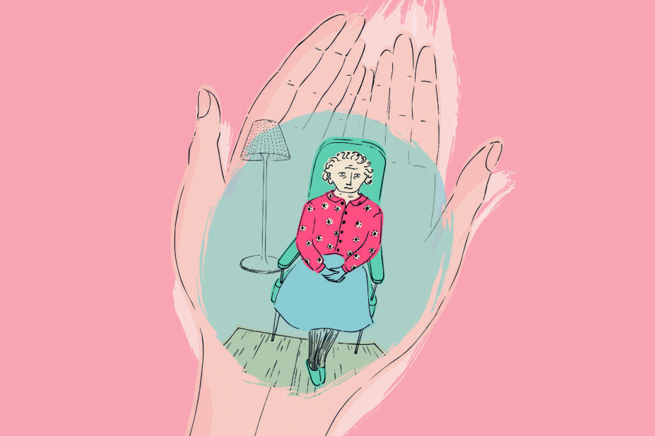 Illustration of hands cradling an elderly woman