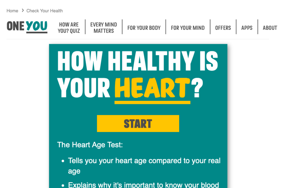 Heart Age Test NHS website screenshot