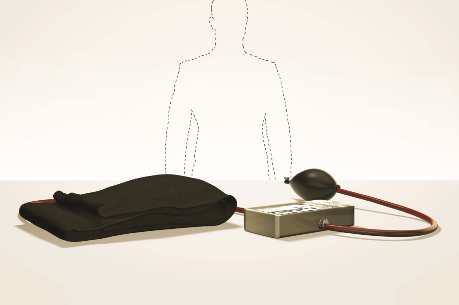 outline of a man behind blood pressure measuring device