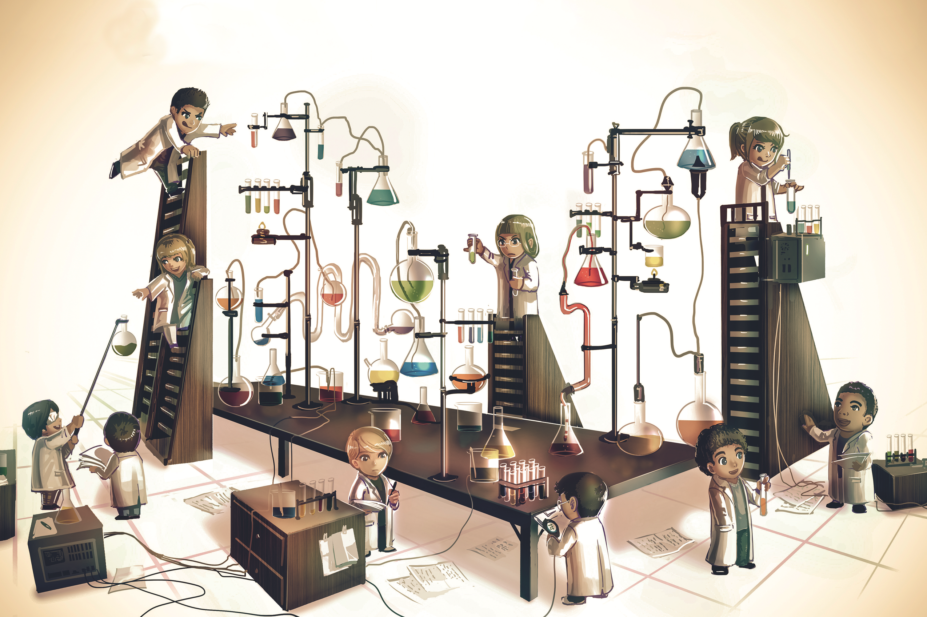 Illustration of young adults in laboratory