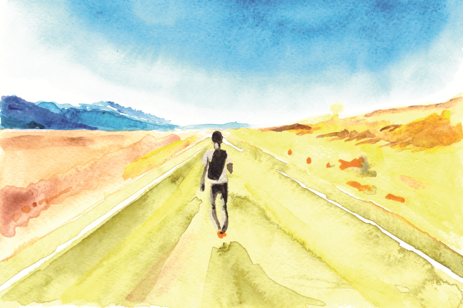 Journey, man walking down road in watercolour