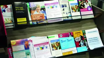 Leaflets offering pharmacy services in a pharmacy