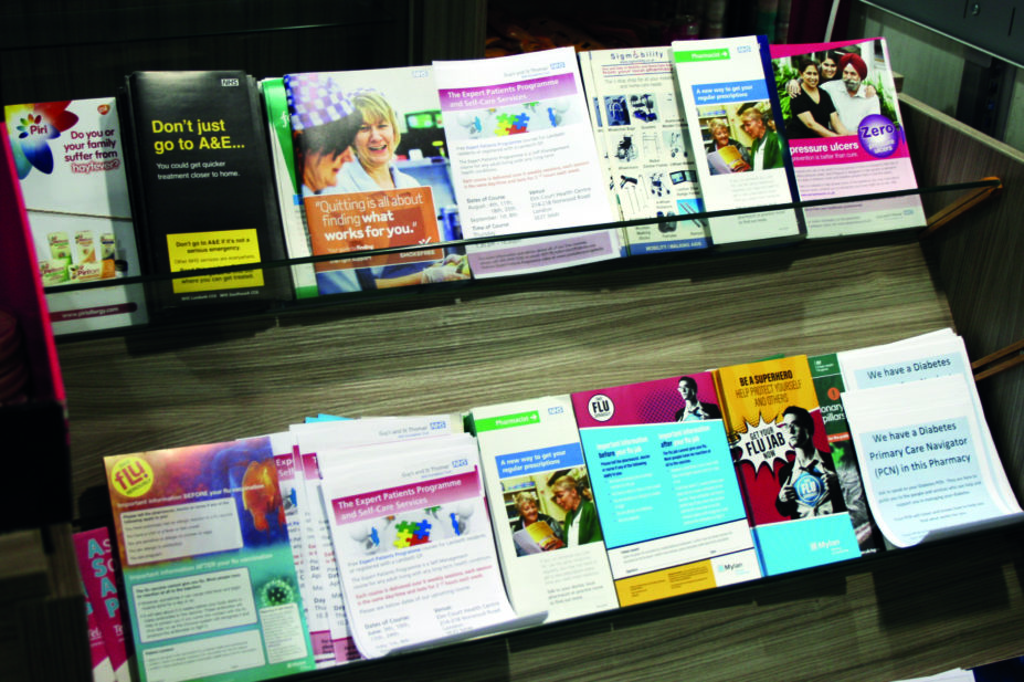Leaflets offering pharmacy services in a pharmacy