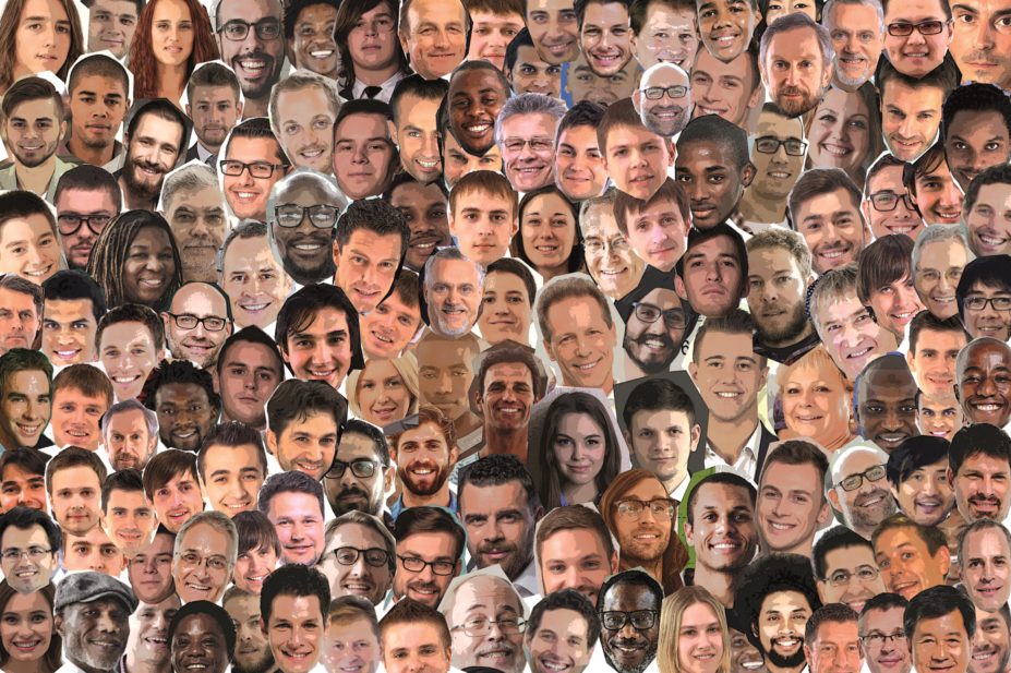 Collage of faces of over 100 men and very few women representing sex bias in drug research