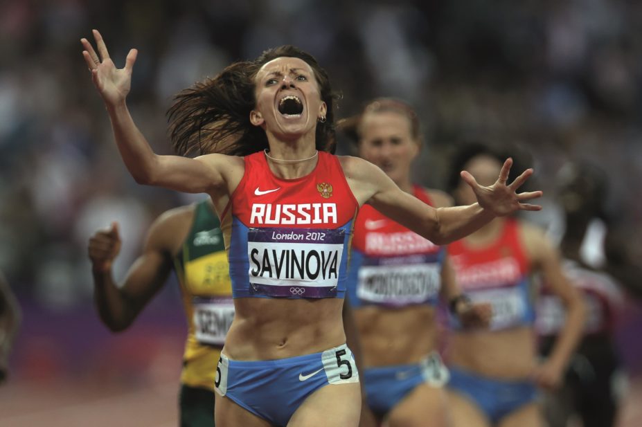 Mariya Savinova winning the 800 metres athletic competition during the 2012 London Olympics