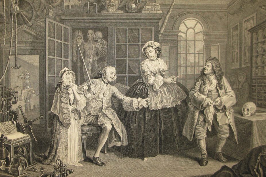 Marriage a-la-Mode No. 3 (The Inspection) print by English painter, printmaker and society critic, William Hogarth