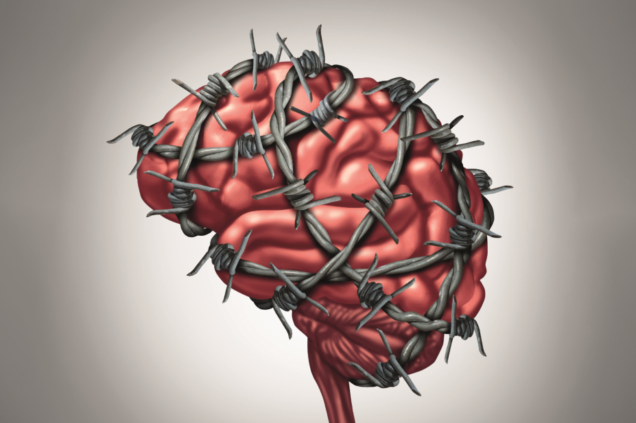 Illustration of migraine showing a brain surrounded by barbed wire