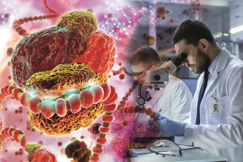 Montage of RNAI illustration and scientists in research lab