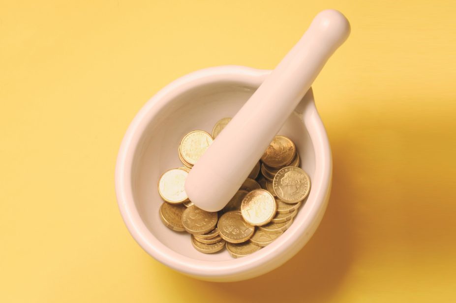 Mortar and pestle with money